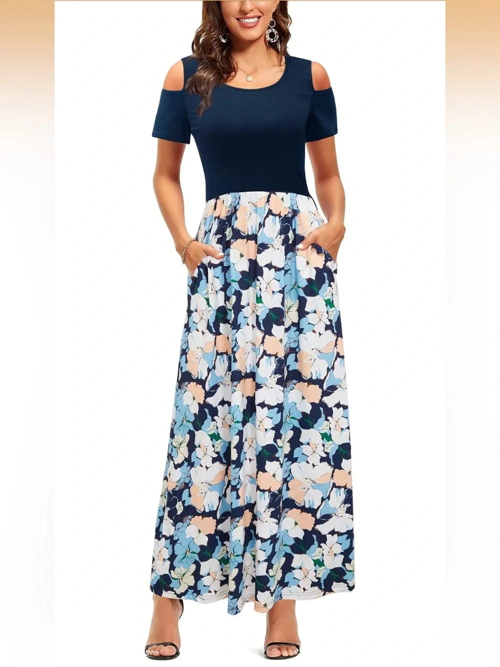 Blue and White Floral Summer Maxi Dress with Pockets
